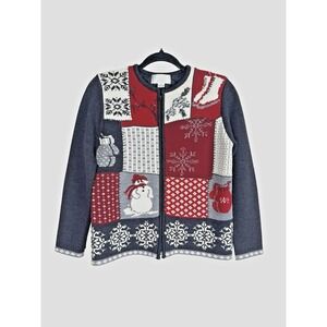 Holiday Small Cardigan Extra Fine Italian Merino Wool Snow Motif Patchwork Knit